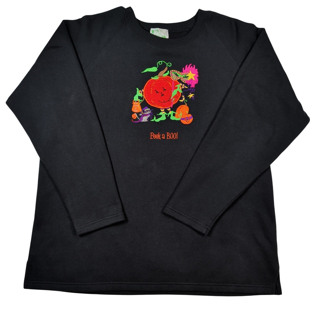 VTG Quacker Factory Crewneck Women XL Black Halloween Pumpkin Peek a BOO Kitschy